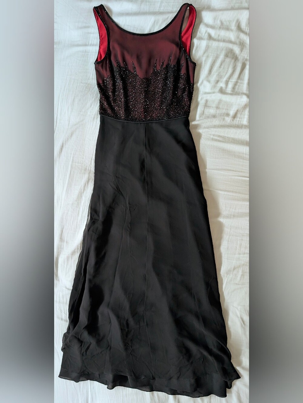 VTG Y2K Bieff Basix Silk Beaded Evening Maxi Dress Gown Red Black Whimsigoth, 2P